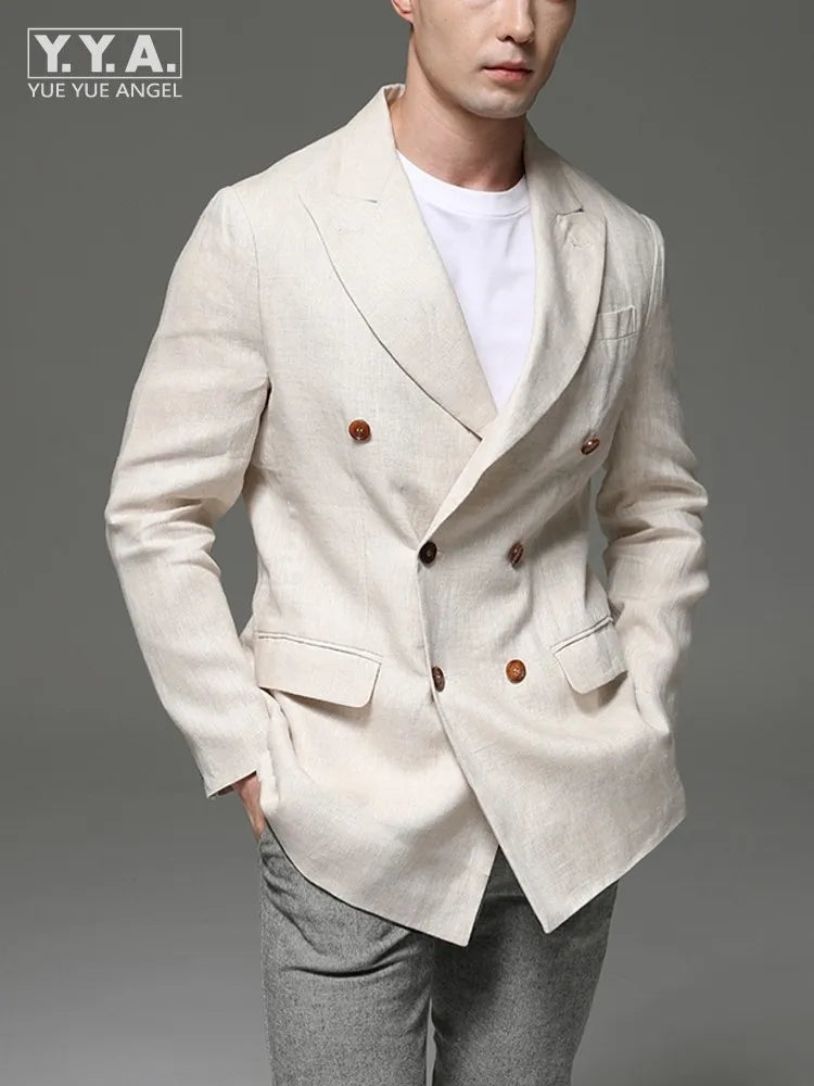 Fashion Summer Men Linen Blazer Suit Coat  Blazer Solid Color Jacket Double Breasted Slim Fit Breathable Business Work Casual