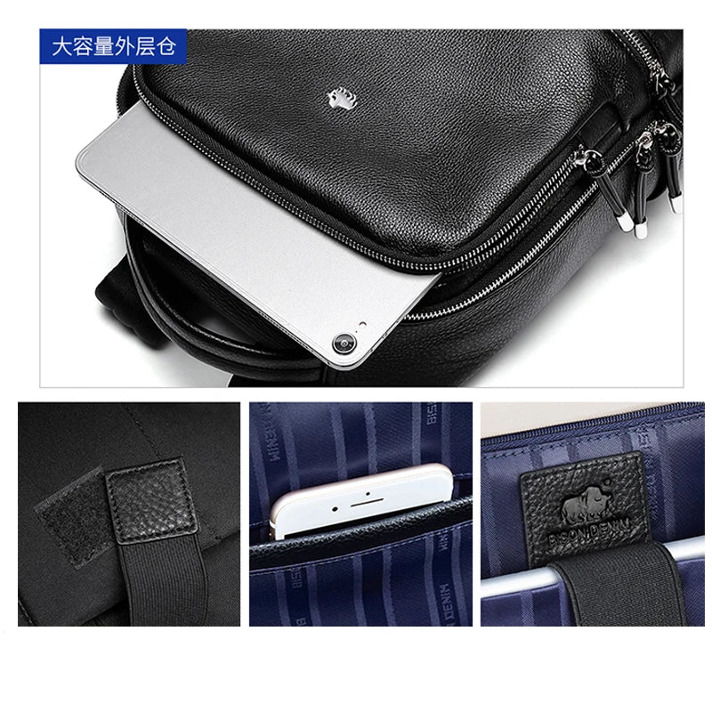 BISON DENIM New Genuine Leather Men Backpack Laptop School Backpack Bag 2025 Fashion Waterproof Travel Bag Casual Book Bag