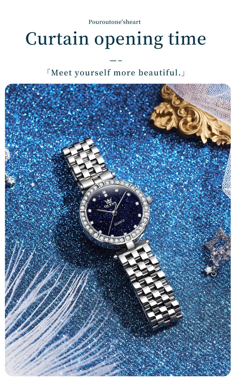 OLEVS 3641 Elegant Waterproof Ladies Quartz Watch Luminous Stainless Steel Starry Dial with Gift Box - Women's Fashion Accessory