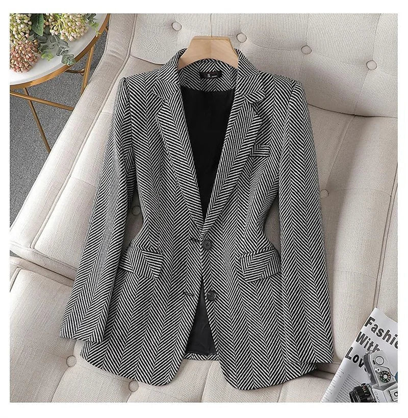 Women Coffee Stripe Formal Blazer New Long Sleeve Suit Coat Notched Collar Business Jacket Ladies Office Blazers Outerwear 4XL