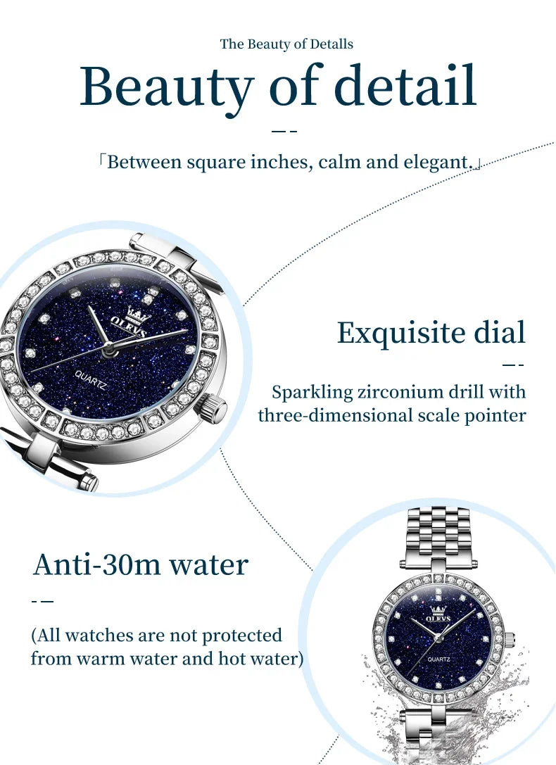 OLEVS 3641 Elegant Waterproof Ladies Quartz Watch Luminous Stainless Steel Starry Dial with Gift Box - Women's Fashion Accessory