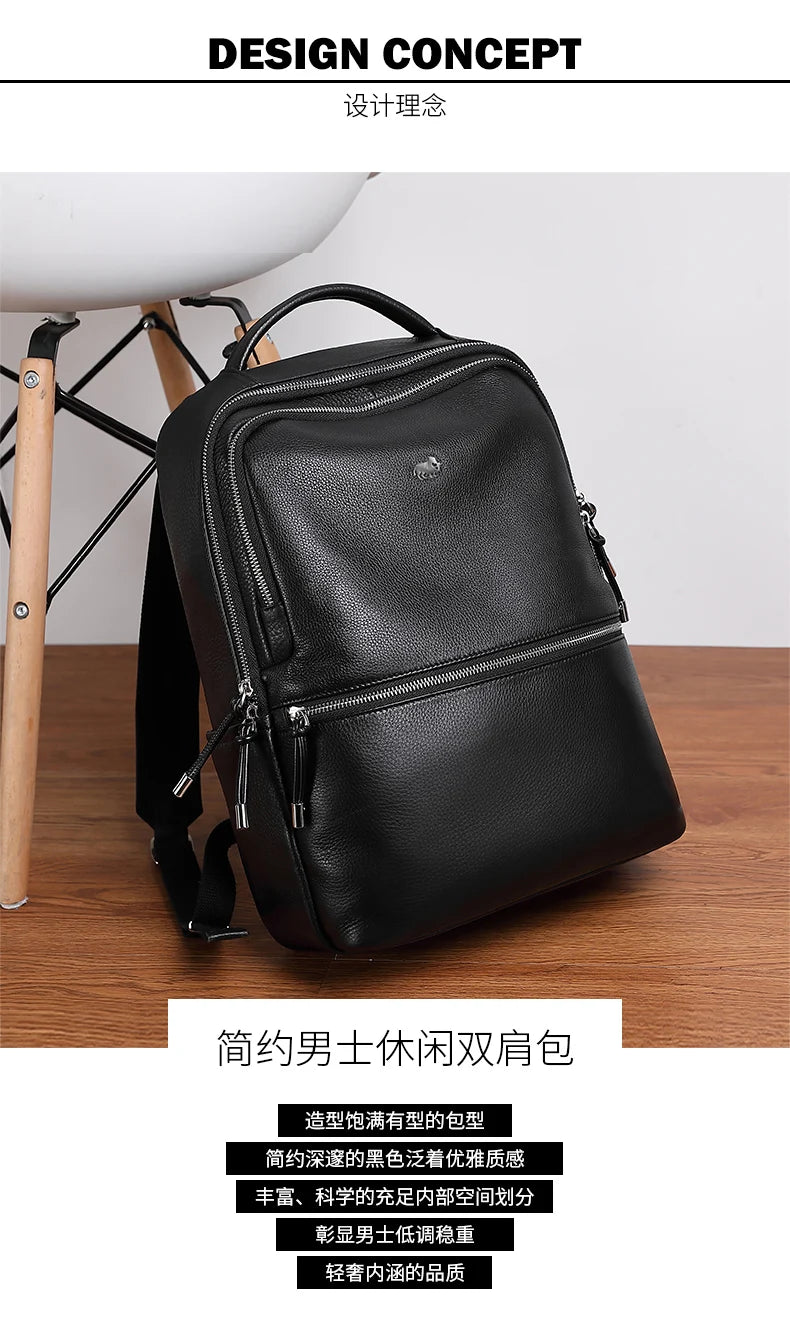 BISON DENIM New Genuine Leather Men Backpack Laptop School Backpack Bag 2025 Fashion Waterproof Travel Bag Casual Book Bag