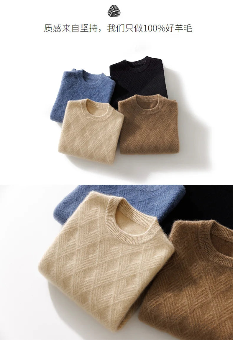 Autumn and winter round neck 100% wool sweater men's sweater with knitted warm base sweater, high-end top