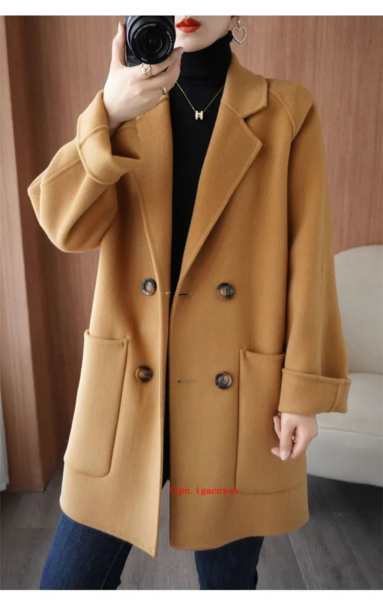 Autumn 100% Pure Wool Double-Sided Cashmere Coat Women Fashion Mid-Length Double-Breasted Wool Jacket Female Loose Overcoat B549