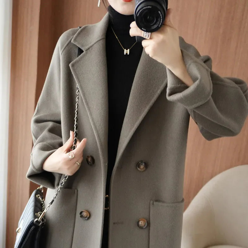 Autumn 100% Pure Wool Double-Sided Cashmere Coat Women Fashion Mid-Length Double-Breasted Wool Jacket Female Loose Overcoat B549