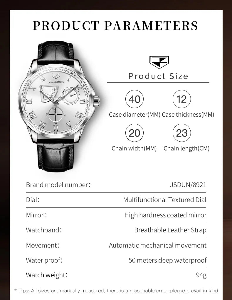 JSDUN 8921 Men's Watch Fashionable and Minimalist Business Waterproof Leather Strap Luxury Brand Automatic Mechanical Men Watch
