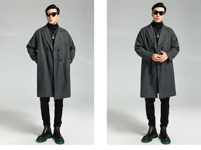 Nerazzurri Autumn Winter Grey Warm Fluffy Woolen Coat for Men Double Breasted Loose Casual Korean Fashion Wool & blends Coat