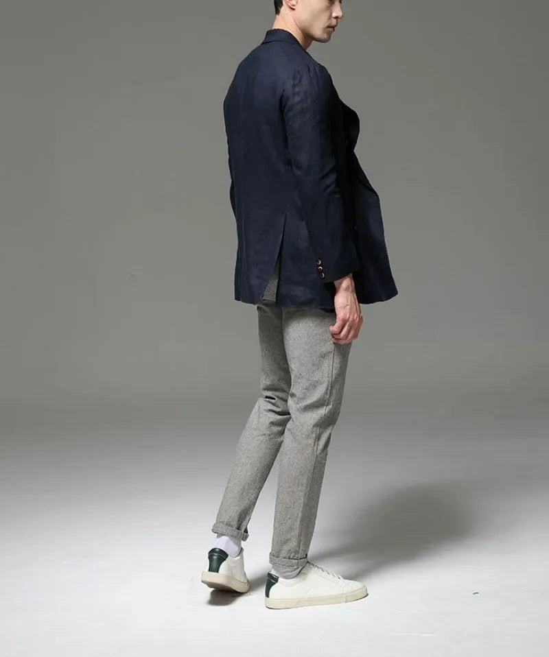 Fashion Summer Men Linen Blazer Suit Coat  Blazer Solid Color Jacket Double Breasted Slim Fit Breathable Business Work Casual