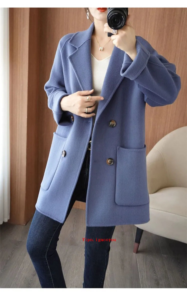 Autumn 100% Pure Wool Double-Sided Cashmere Coat Women Fashion Mid-Length Double-Breasted Wool Jacket Female Loose Overcoat B549