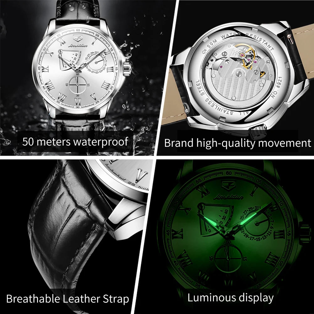 JSDUN 8921 Men's Watch Fashionable and Minimalist Business Waterproof Leather Strap Luxury Brand Automatic Mechanical Men Watch