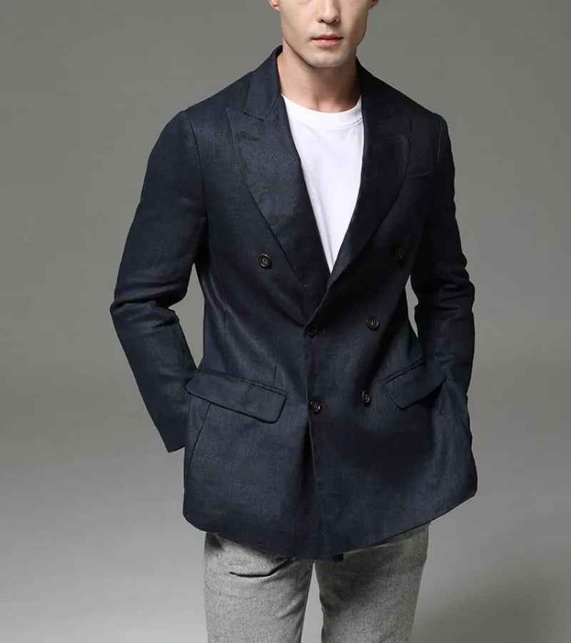 Fashion Summer Men Linen Blazer Suit Coat  Blazer Solid Color Jacket Double Breasted Slim Fit Breathable Business Work Casual