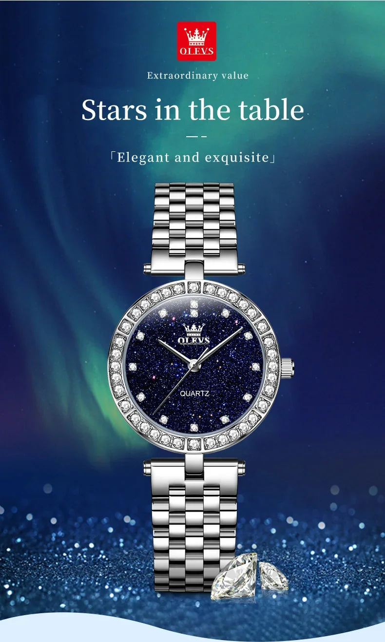 OLEVS 3641 Elegant Waterproof Ladies Quartz Watch Luminous Stainless Steel Starry Dial with Gift Box - Women's Fashion Accessory