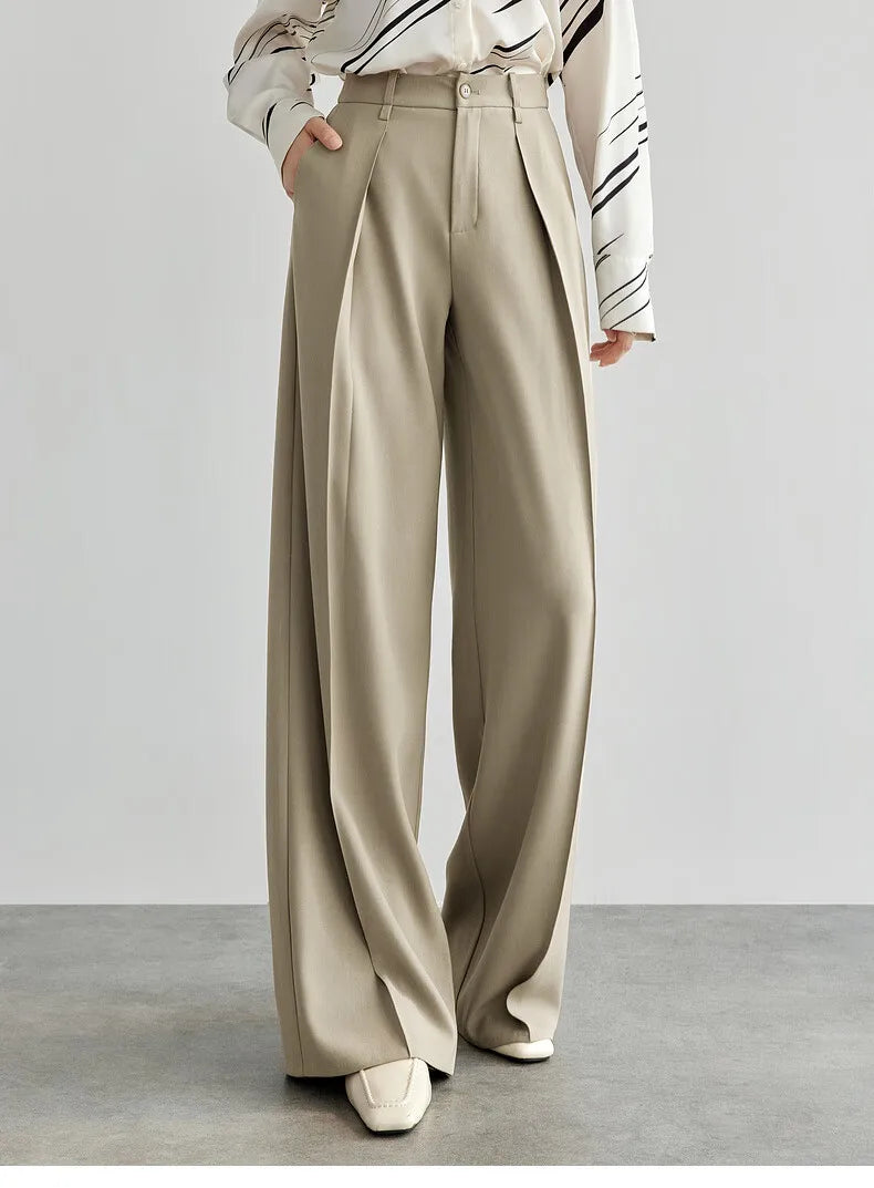 SENTUBILA Women's Tailored Trousers Formal Solid High-waist Folds Twill Workwear Pockets Full-length Pants 2025 Spring 151K57704