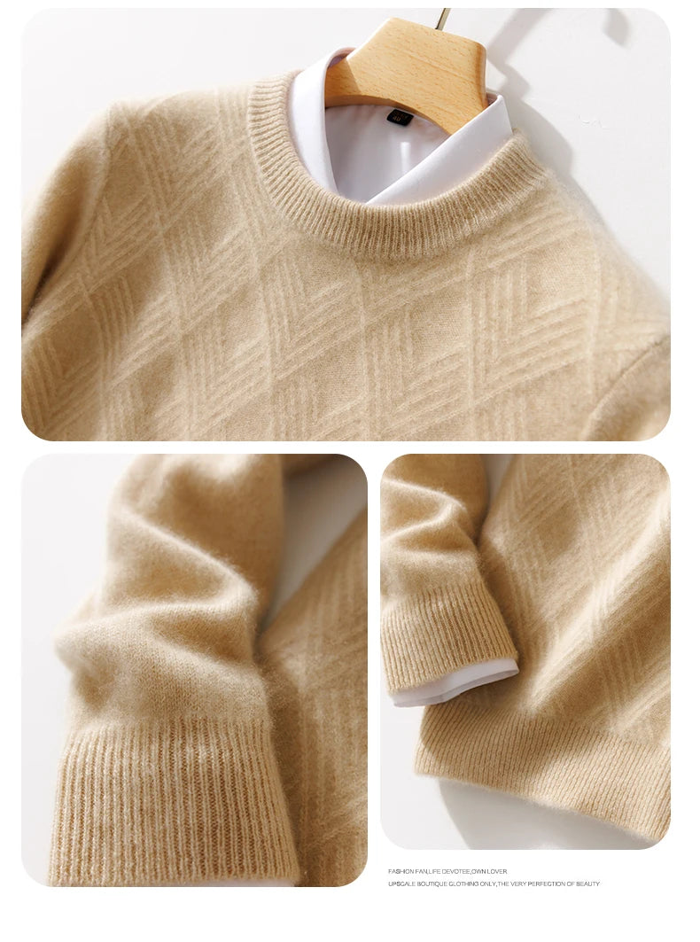 Autumn and winter round neck 100% wool sweater men's sweater with knitted warm base sweater, high-end top