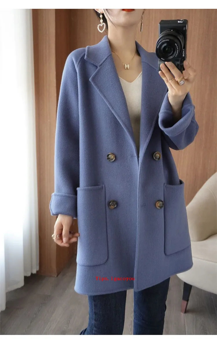 Autumn 100% Pure Wool Double-Sided Cashmere Coat Women Fashion Mid-Length Double-Breasted Wool Jacket Female Loose Overcoat B549