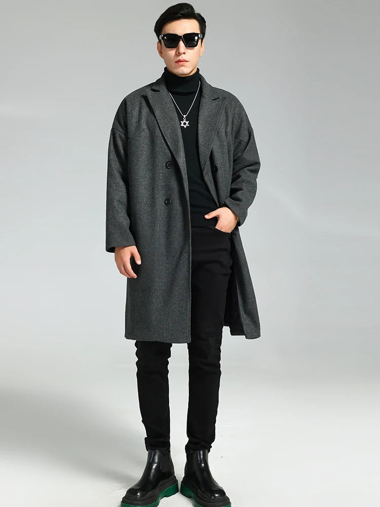 Nerazzurri Autumn Winter Grey Warm Fluffy Woolen Coat for Men Double Breasted Loose Casual Korean Fashion Wool & blends Coat