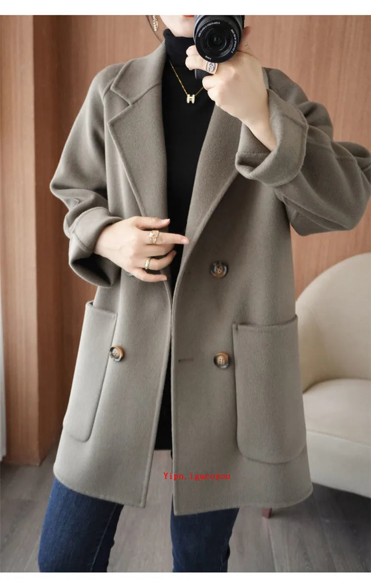 Autumn 100% Pure Wool Double-Sided Cashmere Coat Women Fashion Mid-Length Double-Breasted Wool Jacket Female Loose Overcoat B549
