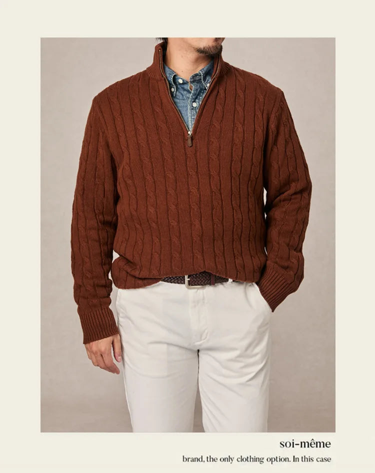 Autumn and winter retro half turtleneck zipper cashmere sweater men's loose pullover cable knit sweater coat trend