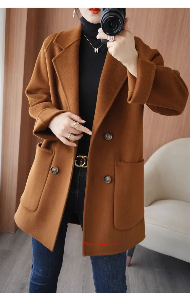 Autumn 100% Pure Wool Double-Sided Cashmere Coat Women Fashion Mid-Length Double-Breasted Wool Jacket Female Loose Overcoat B549