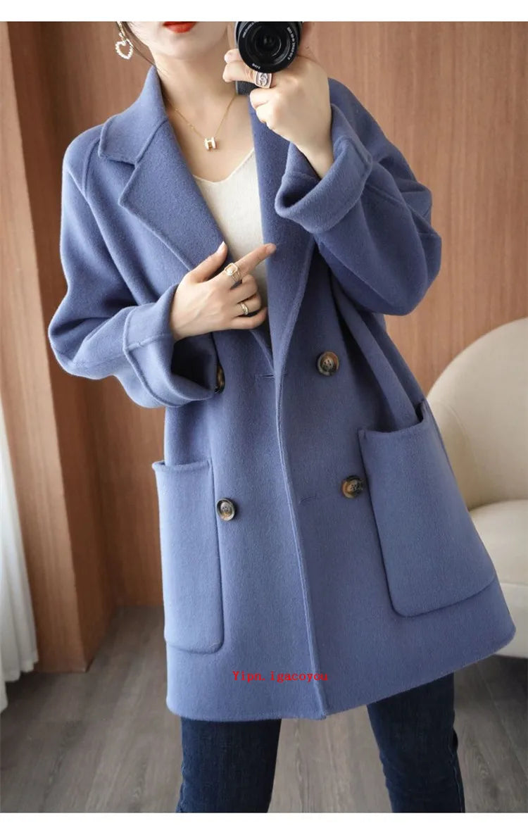 Autumn 100% Pure Wool Double-Sided Cashmere Coat Women Fashion Mid-Length Double-Breasted Wool Jacket Female Loose Overcoat B549