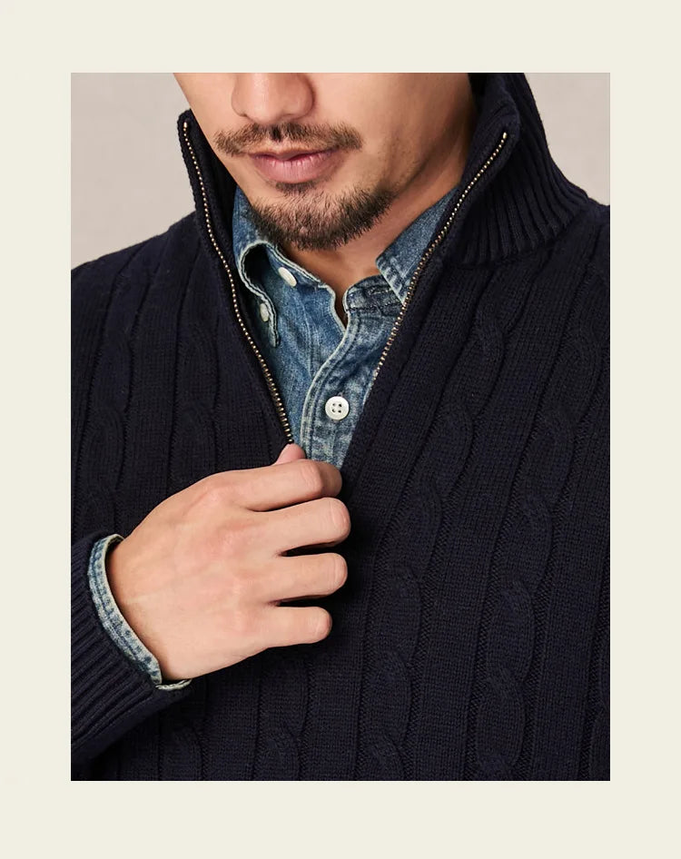 Autumn and winter retro half turtleneck zipper cashmere sweater men's loose pullover cable knit sweater coat trend