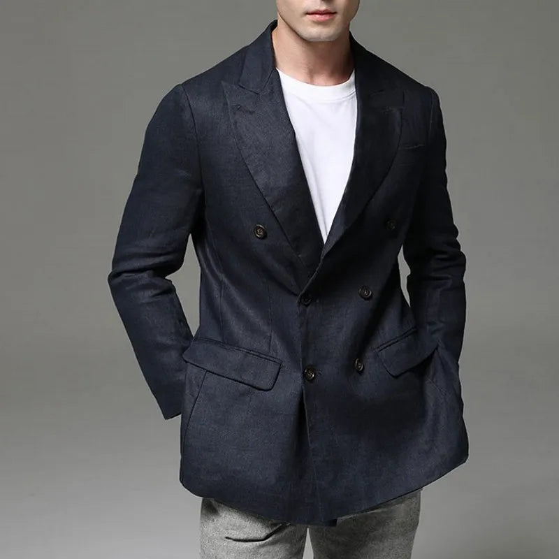 Fashion Summer Men Linen Blazer Suit Coat  Blazer Solid Color Jacket Double Breasted Slim Fit Breathable Business Work Casual