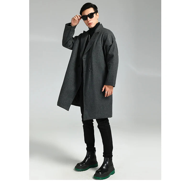 Nerazzurri Autumn Winter Grey Warm Fluffy Woolen Coat for Men Double Breasted Loose Casual Korean Fashion Wool & blends Coat