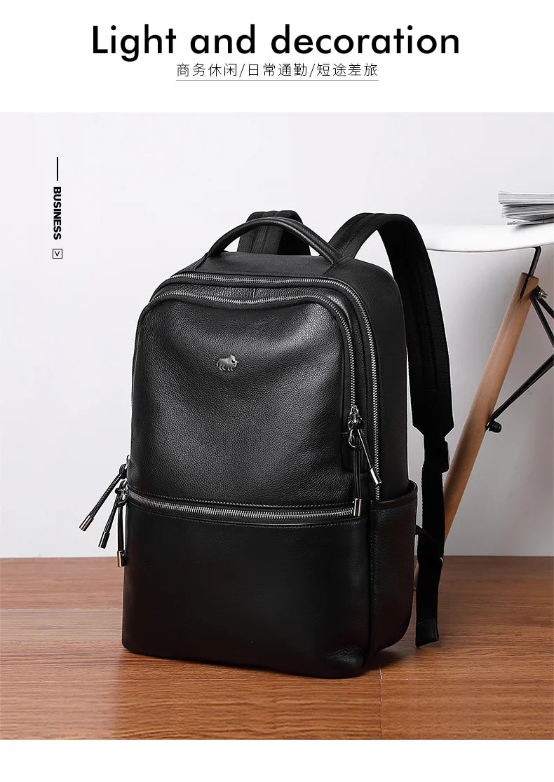 BISON DENIM New Genuine Leather Men Backpack Laptop School Backpack Bag 2025 Fashion Waterproof Travel Bag Casual Book Bag
