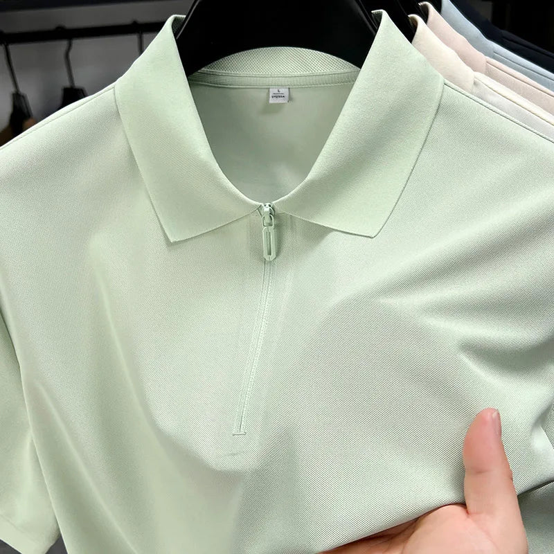 Men's Half-Zip Polo Shirt Light Beige Breathable Casual Slim Fit Stretch Cotton Classic Collar Business Casual Tops