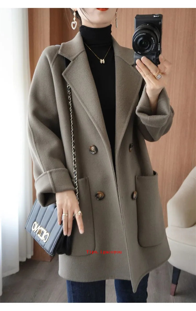 Autumn 100% Pure Wool Double-Sided Cashmere Coat Women Fashion Mid-Length Double-Breasted Wool Jacket Female Loose Overcoat B549