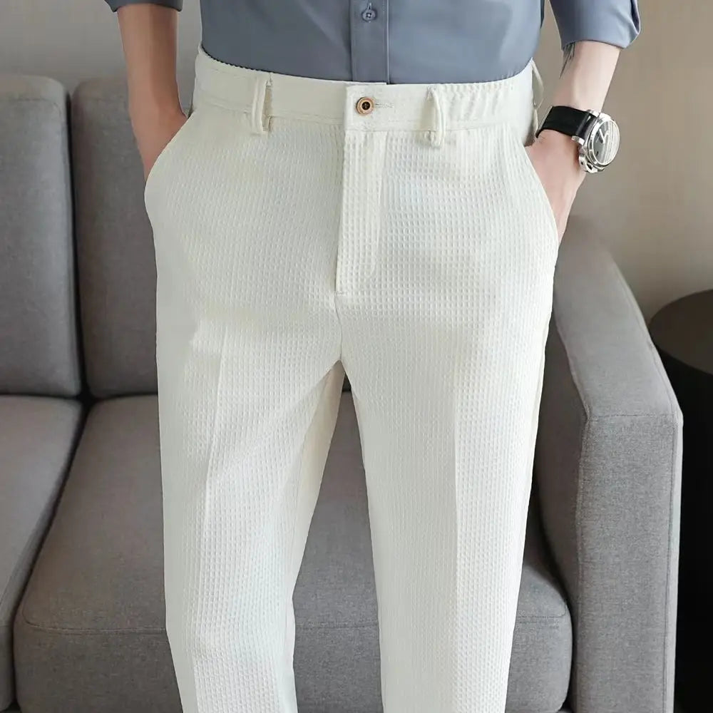 Trousers For Men Social Tailoring Slim Fit Khaki Business Waffle Tressed Work Wear Man Suits Pants Luxury Luxury Spring Clothes
