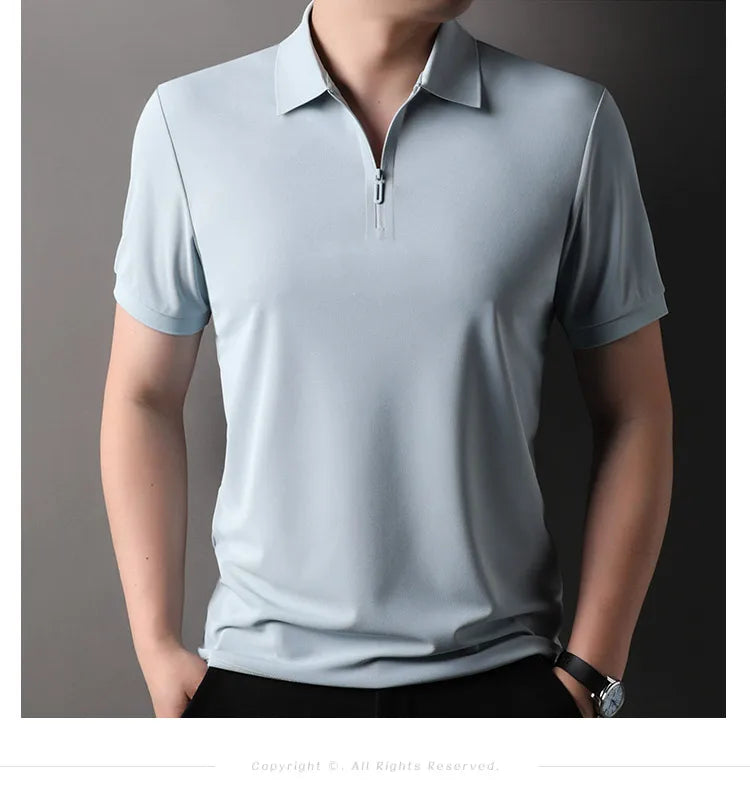 Men's Half-Zip Polo Shirt Light Beige Breathable Casual Slim Fit Stretch Cotton Classic Collar Business Casual Tops