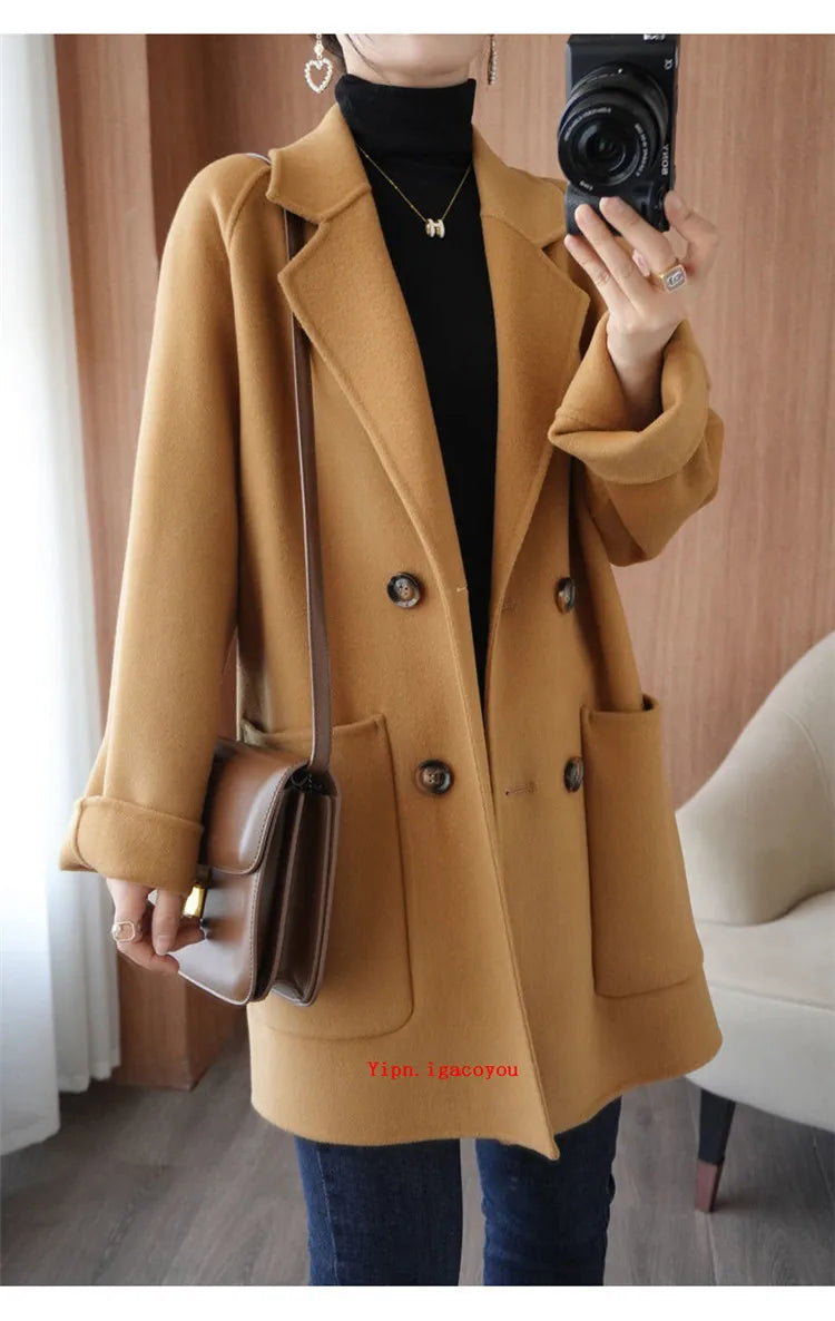 Autumn 100% Pure Wool Double-Sided Cashmere Coat Women Fashion Mid-Length Double-Breasted Wool Jacket Female Loose Overcoat B549