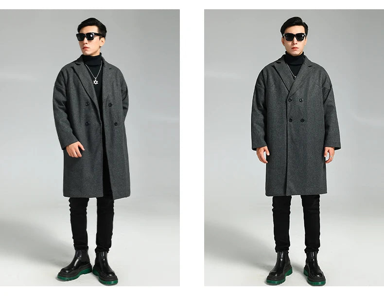 Nerazzurri Autumn Winter Grey Warm Fluffy Woolen Coat for Men Double Breasted Loose Casual Korean Fashion Wool & blends Coat