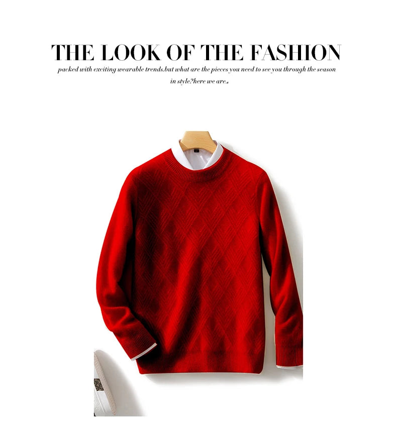 Autumn and winter round neck 100% wool sweater men's sweater with knitted warm base sweater, high-end top