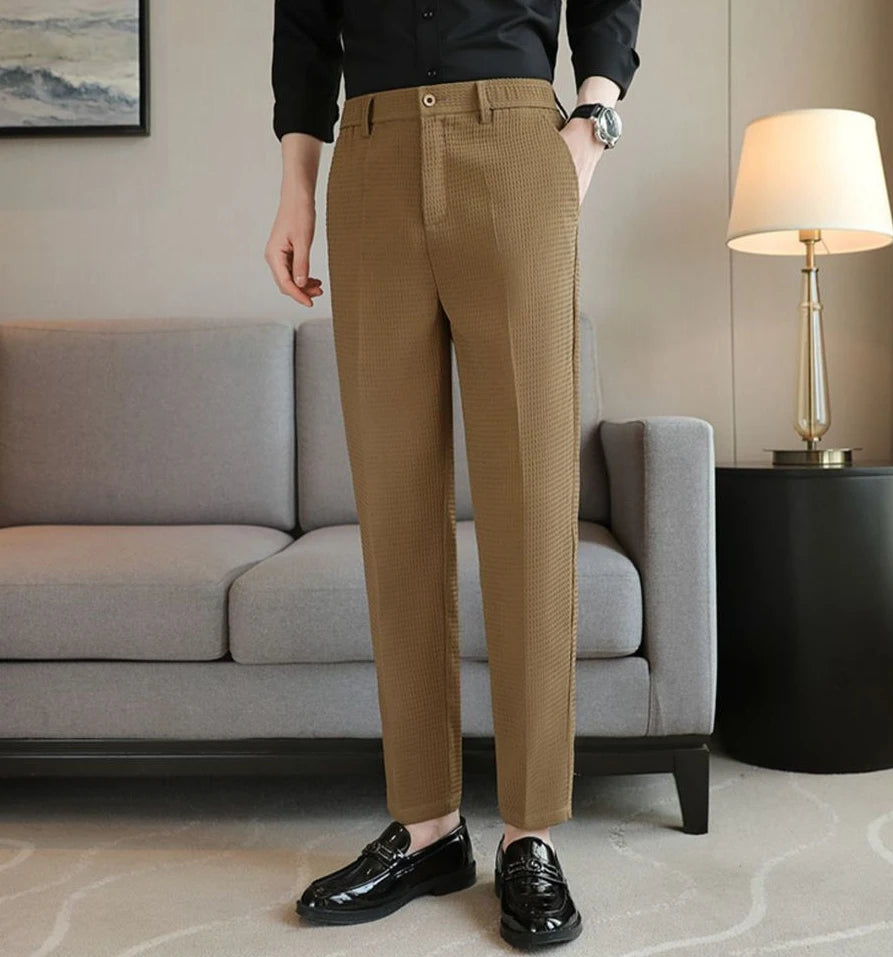 Trousers For Men Social Tailoring Slim Fit Khaki Business Waffle Tressed Work Wear Man Suits Pants Luxury Luxury Spring Clothes
