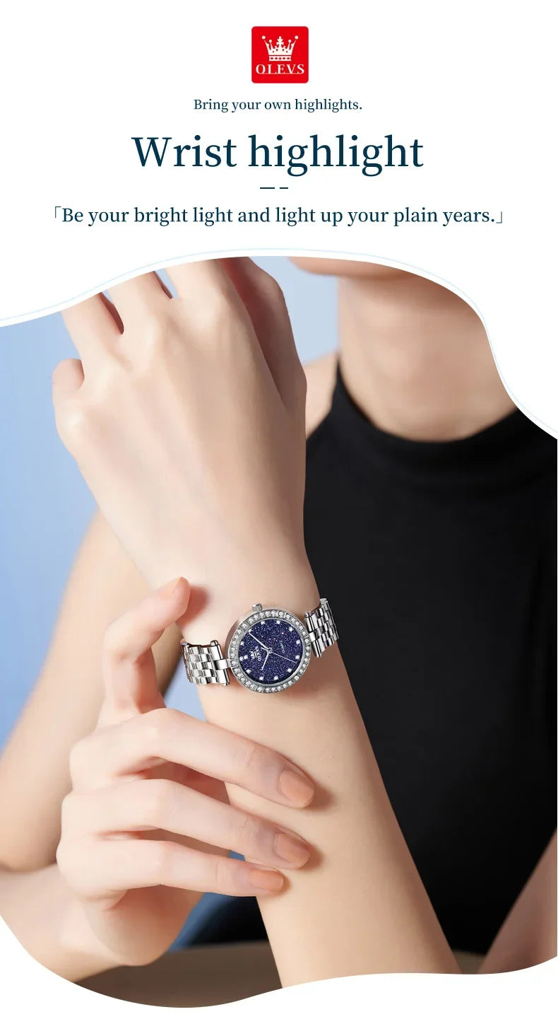 OLEVS 3641 Elegant Waterproof Ladies Quartz Watch Luminous Stainless Steel Starry Dial with Gift Box - Women's Fashion Accessory
