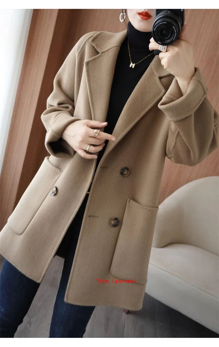 Autumn 100% Pure Wool Double-Sided Cashmere Coat Women Fashion Mid-Length Double-Breasted Wool Jacket Female Loose Overcoat B549