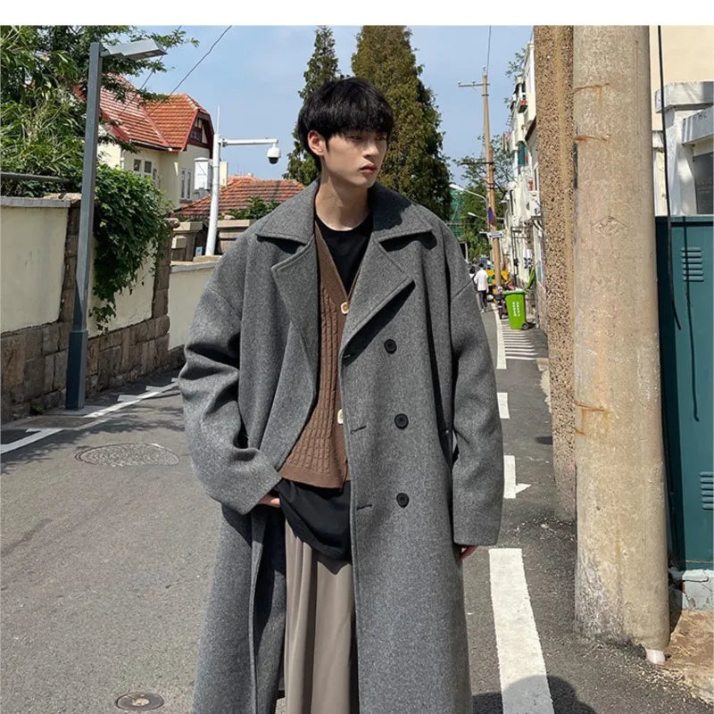 Long Dust Coat Men Winter Korean-style Trench Mens Solid Double Breasted Woolen Cloth Coat Loose Casual Trenchcoat Outwear