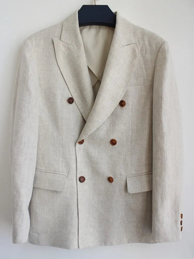 Fashion Summer Men Linen Blazer Suit Coat  Blazer Solid Color Jacket Double Breasted Slim Fit Breathable Business Work Casual