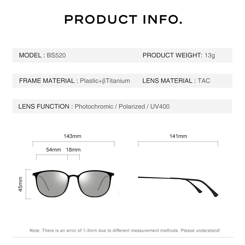 CAPONI Oval Men's Sunglasses Photochromic Polarized Sun Glasses For Men Protect UV Ray Super Light Driving Black Glasses BS520