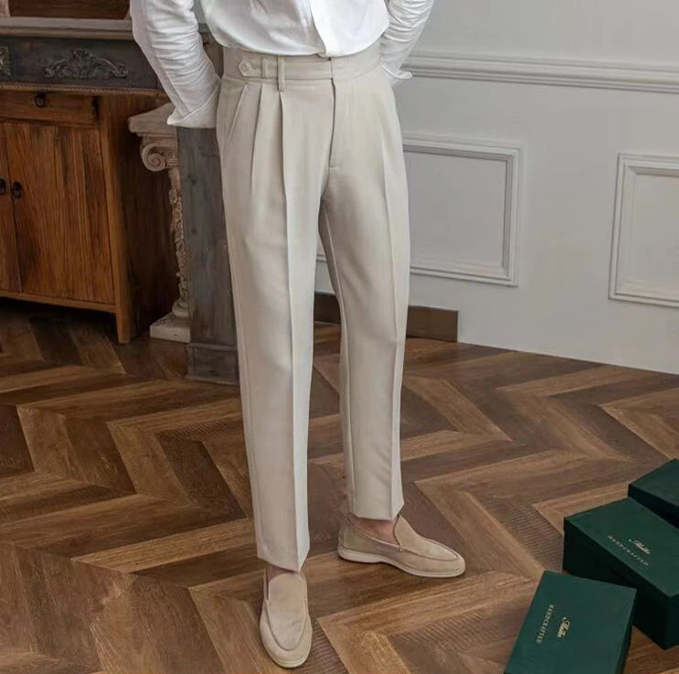 High Waist Pleated Man Suits Pants 9 Cropped Business Social Tailoring Quality Fabric Trousers for Men Classic Dress Elegant Up