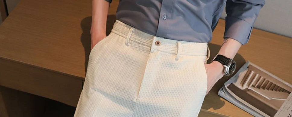 Trousers For Men Social Tailoring Slim Fit Khaki Business Waffle Tressed Work Wear Man Suits Pants Luxury Luxury Spring Clothes
