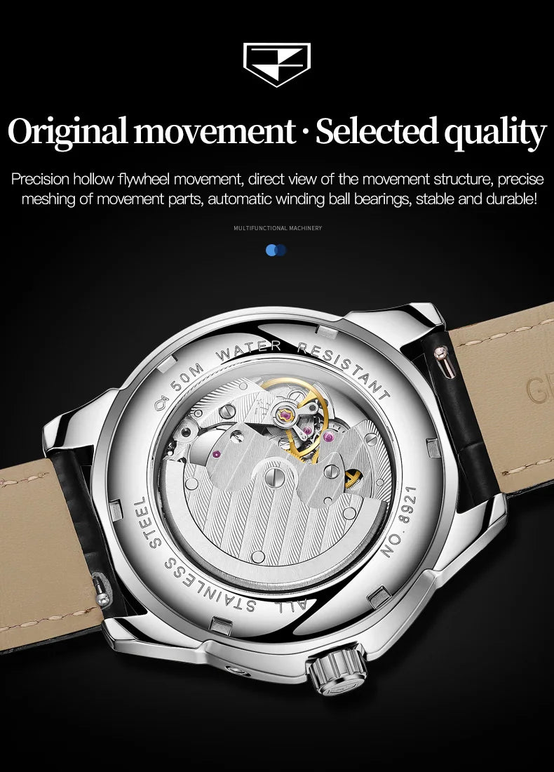 JSDUN 8921 Men's Watch Fashionable and Minimalist Business Waterproof Leather Strap Luxury Brand Automatic Mechanical Men Watch