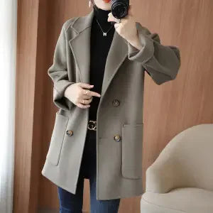 Autumn 100% Pure Wool Double-Sided Cashmere Coat Women Fashion Mid-Length Double-Breasted Wool Jacket Female Loose Overcoat B549