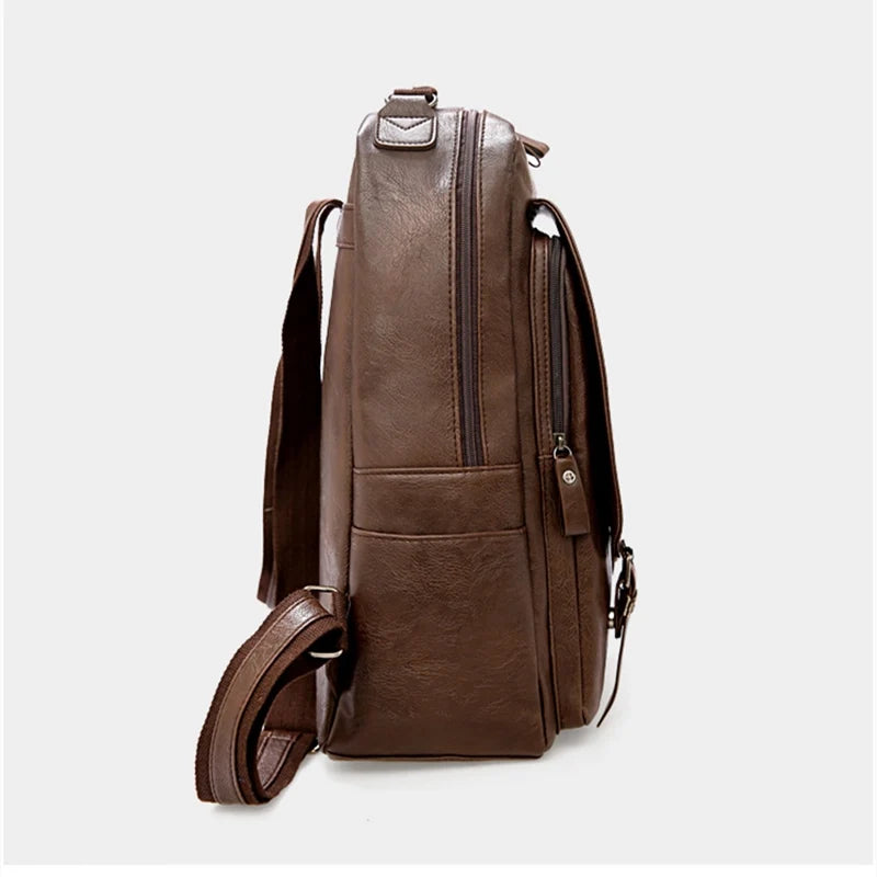 Large Capacity Laptop Backpack Men Casual Fashion Bags For Men Retro Zipper PU Leather Backpacks Male Travel Waterproof Bag Man
