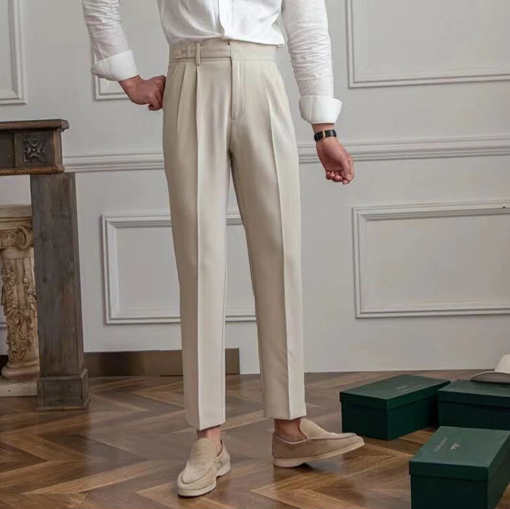 High Waist Pleated Man Suits Pants 9 Cropped Business Social Tailoring Quality Fabric Trousers for Men Classic Dress Elegant Up