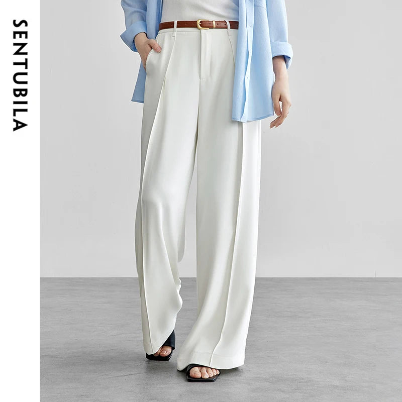 SENTUBILA Women's Tailored Trousers Formal Solid High-waist Folds Twill Workwear Pockets Full-length Pants 2025 Spring 151K57704