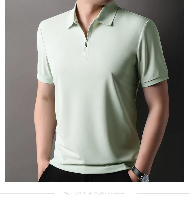 Men's Half-Zip Polo Shirt Light Beige Breathable Casual Slim Fit Stretch Cotton Classic Collar Business Casual Tops