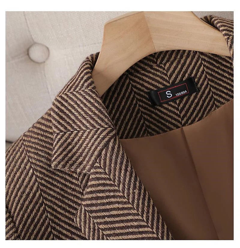 Women Coffee Stripe Formal Blazer New Long Sleeve Suit Coat Notched Collar Business Jacket Ladies Office Blazers Outerwear 4XL